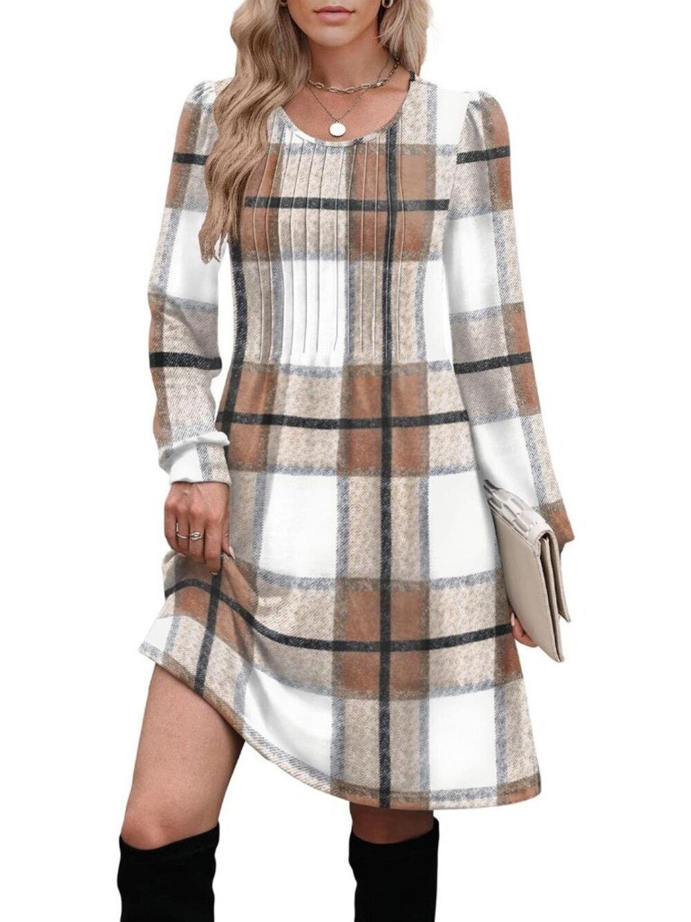 Women's Biege Plaid Pleated Crew Neck Pockets Fall Baby Doll Sweater Mini Dress - Picture 4 of 5